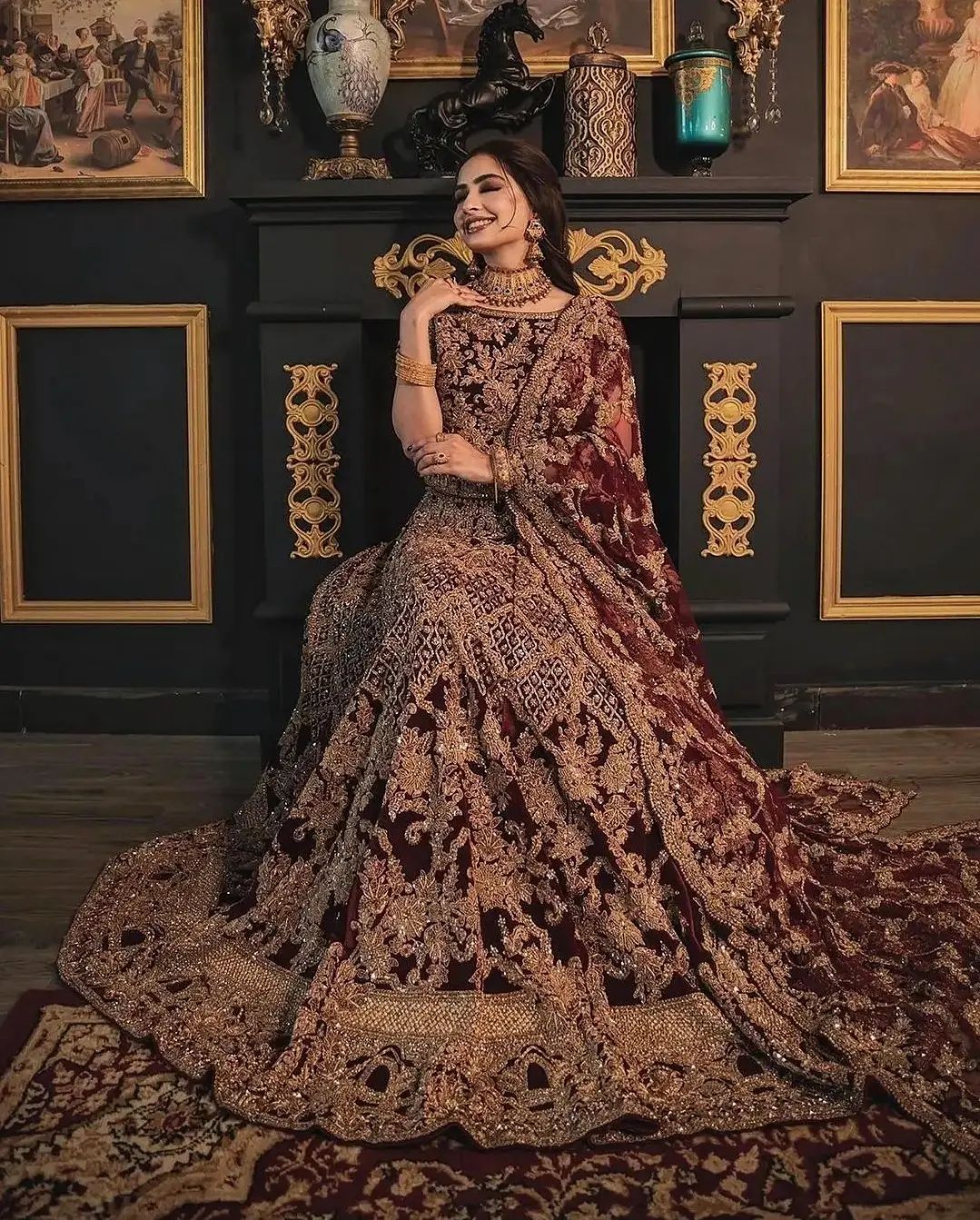Maroon Velvet Bridal Lehenga with Golden Embroidery- DN-1970
