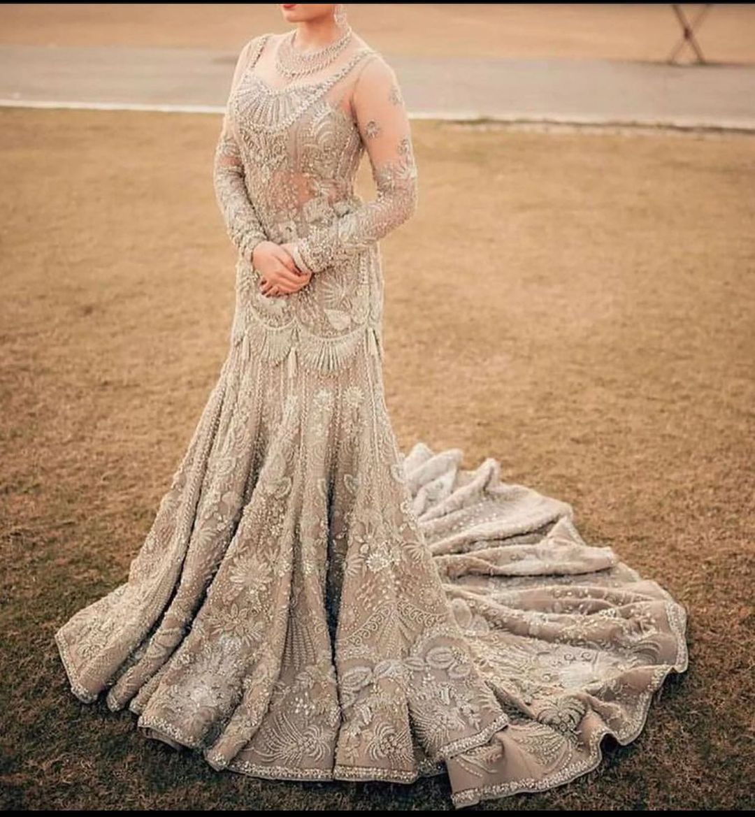 Wedding Ivory Long Trail Bridal Lehenga with Golden Embroidery- DN-1972