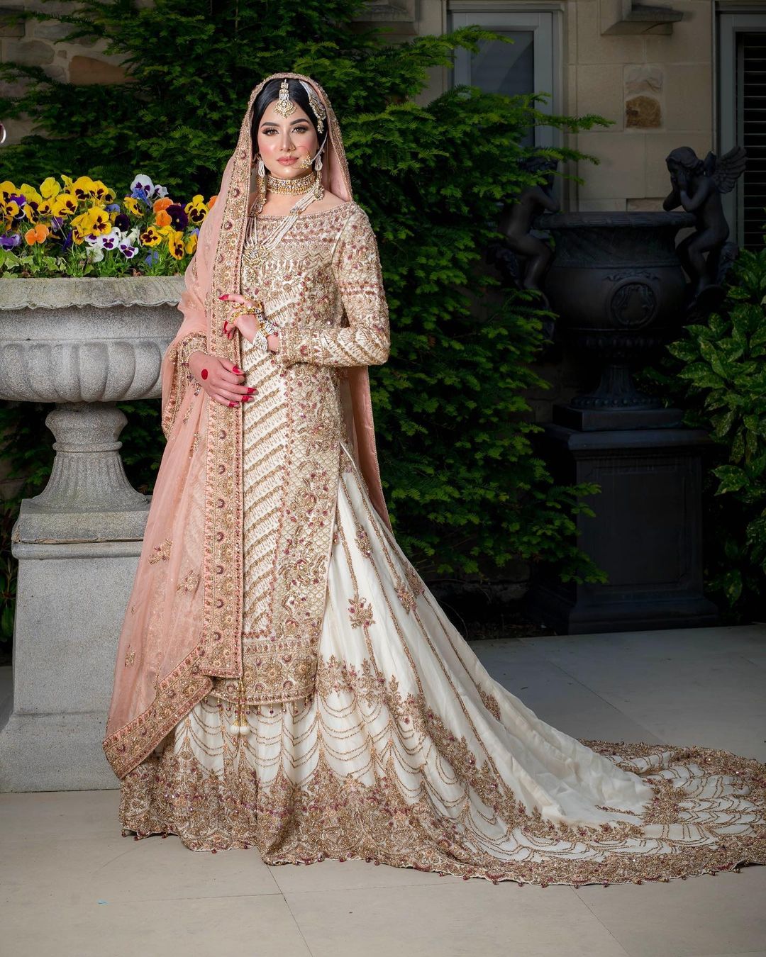 Designer White and Golden Pakistani Waleema Long Trail Lehenga with Embroidered Kurti - DN-1526