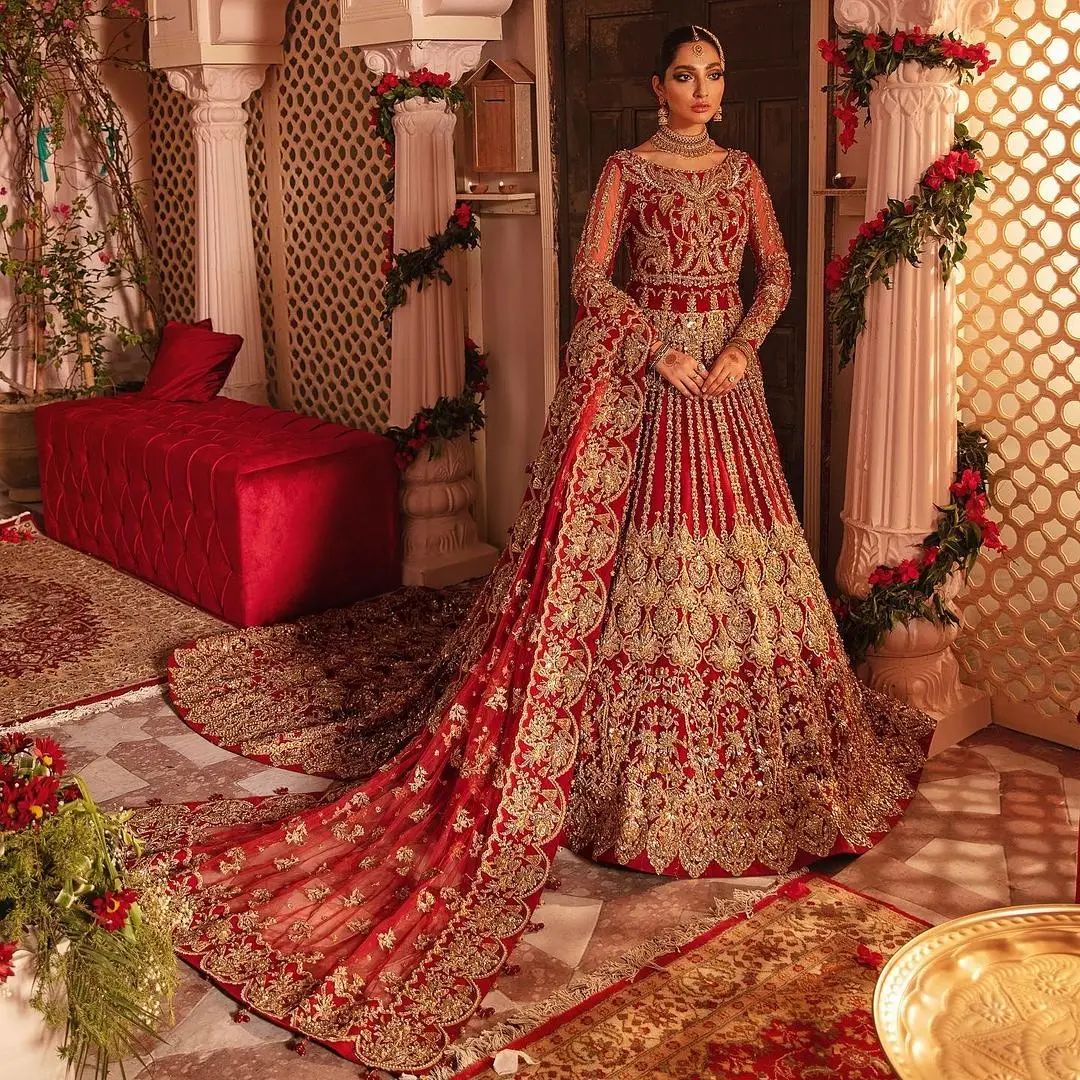 Red Traditional Pakistani Bridal long Trail Anarkali with lehenga and Embroidery Bespoke - DN-1166