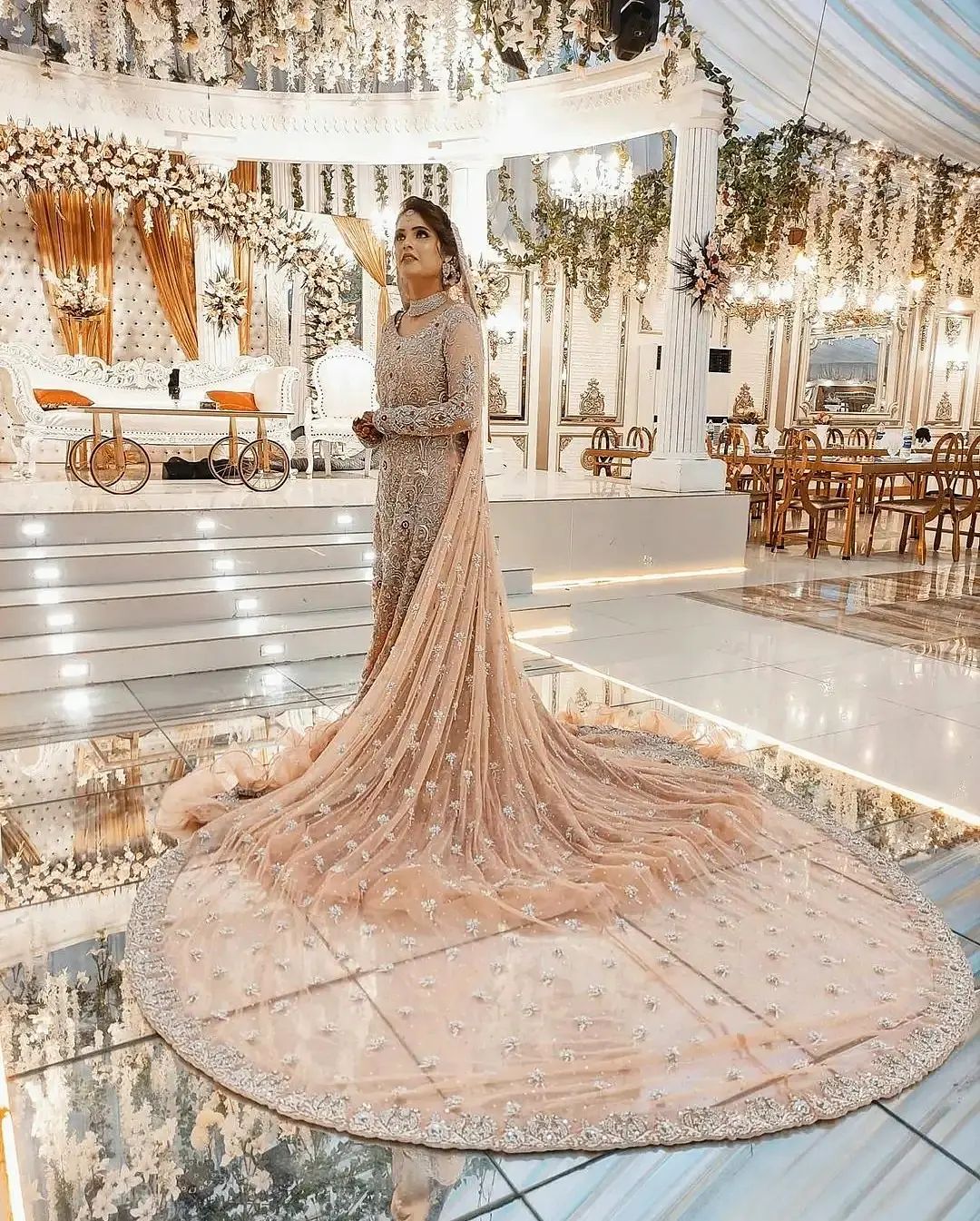 Wedding Light Peach Long Trail Bridal Gown and Embellishment - DN-1971
