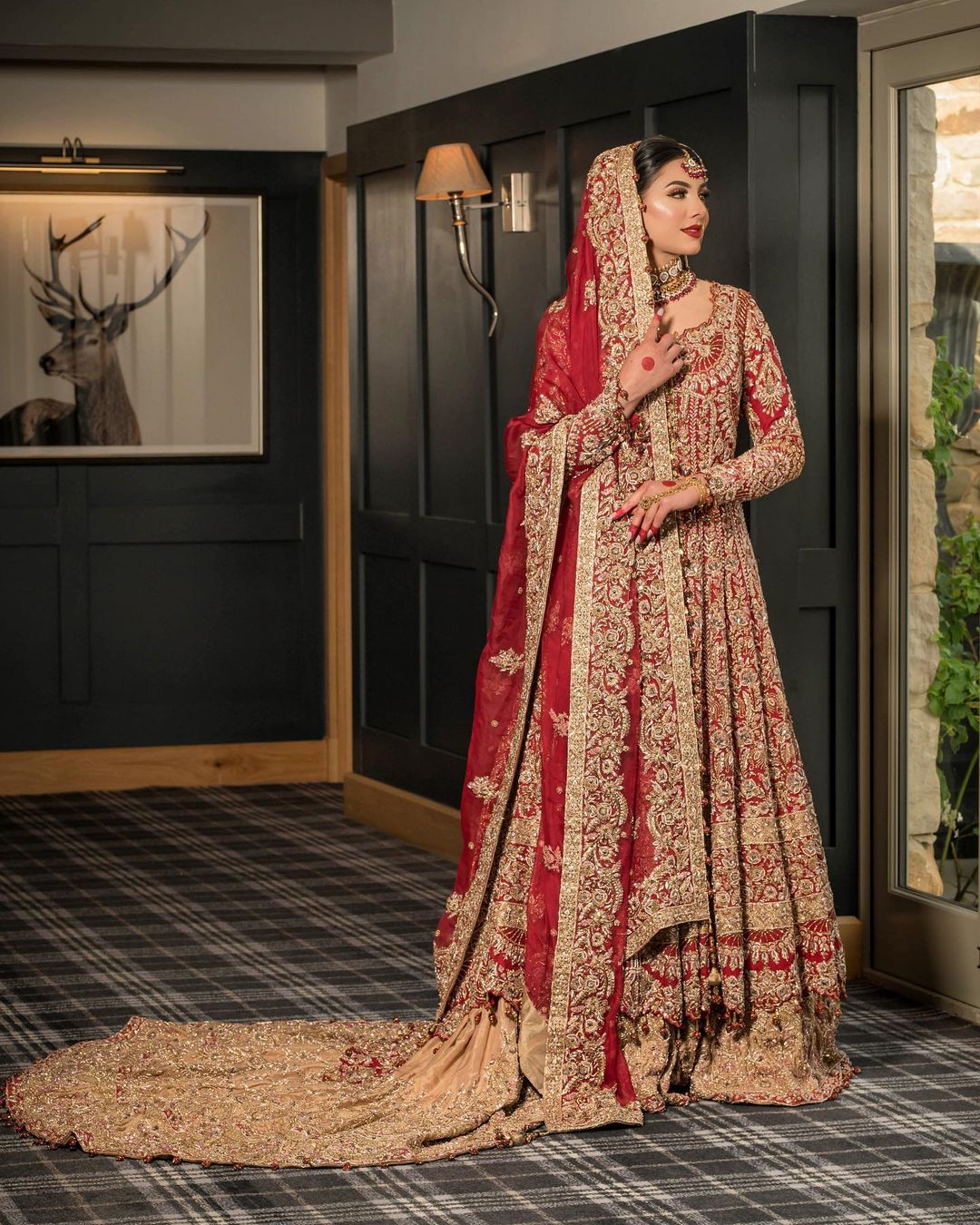 Designer Pakistani Bridal Red Long Trail Lehenga with Golden Embroidered Anarkali - DN-1524