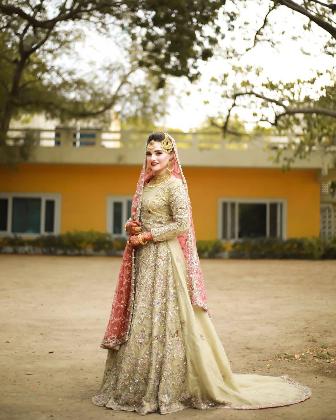 Pakistani Walima Long Trail Gown With Golden Embroidery - DN-1645