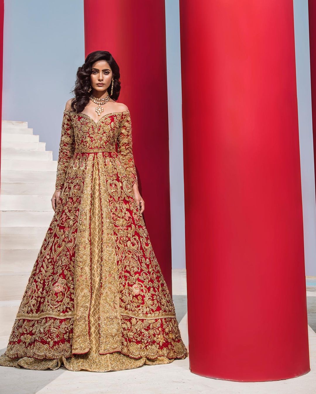 Designer Pakistani Bridal Long Split Embroidered  Anarkali with Lehenga - DN-1597