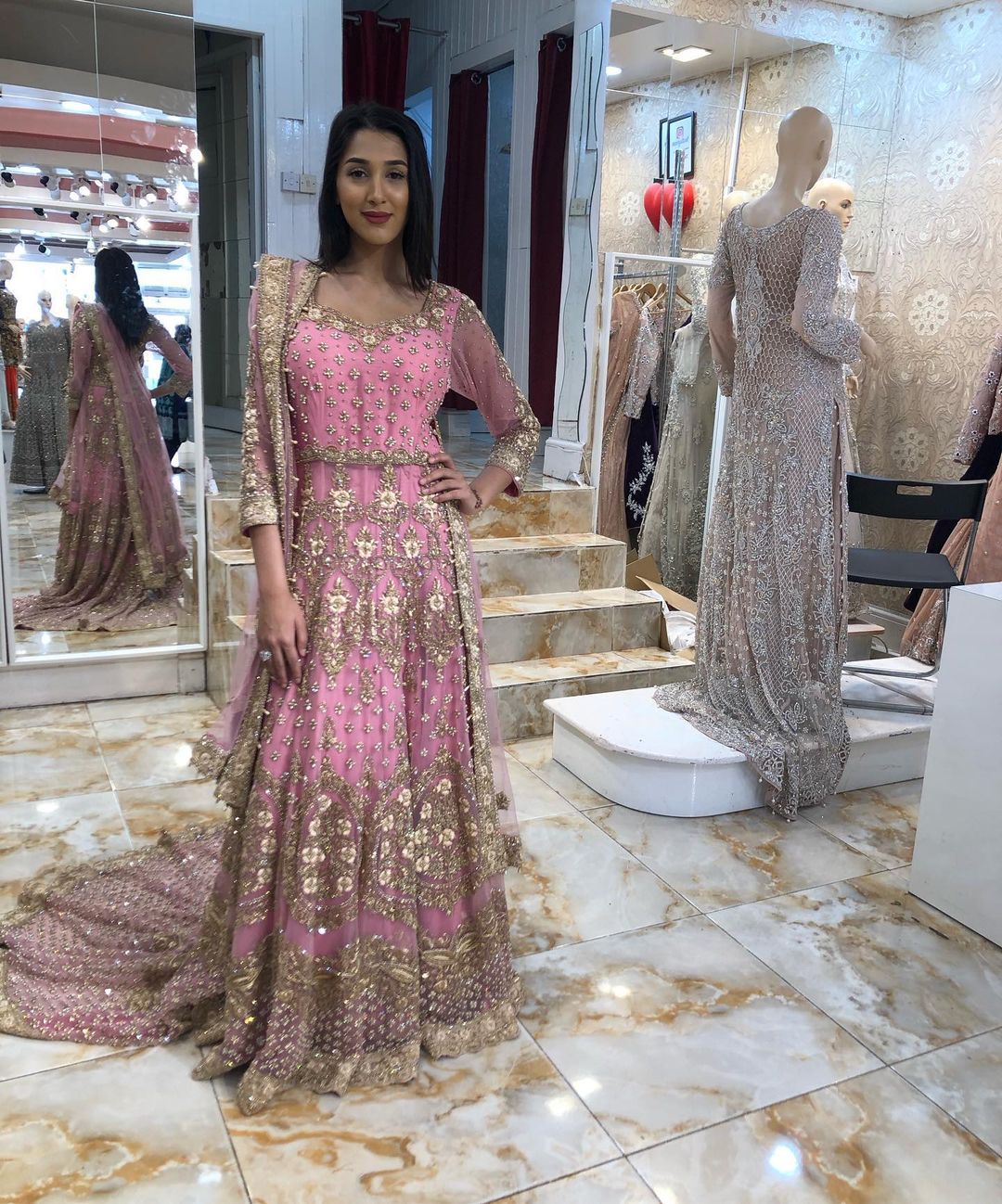 Designer Pakistani Pink Walima Gown with Embroidered Long Trail - DN-1596