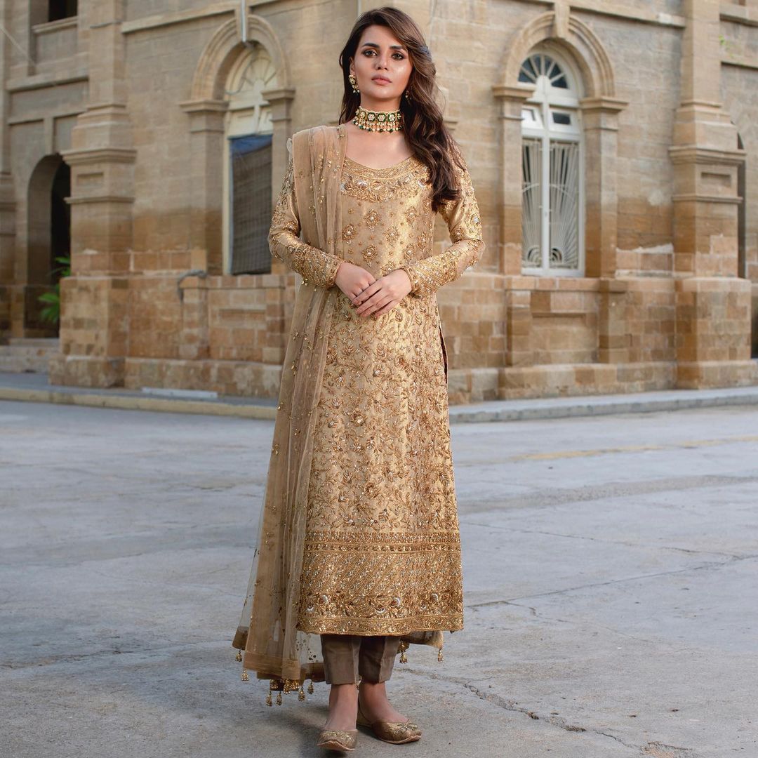 Golden Designer Partywear Embroidered kameez with Pant Palazzo Bespoke - DN-1155