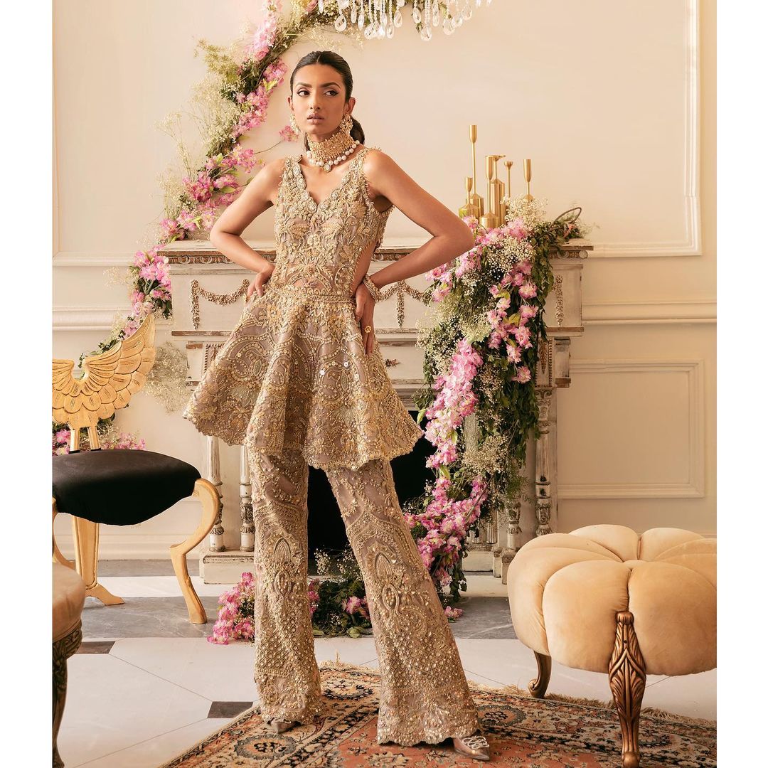 Designer Golden Embroidered Peplum with Pant Bespoke - DN-1211