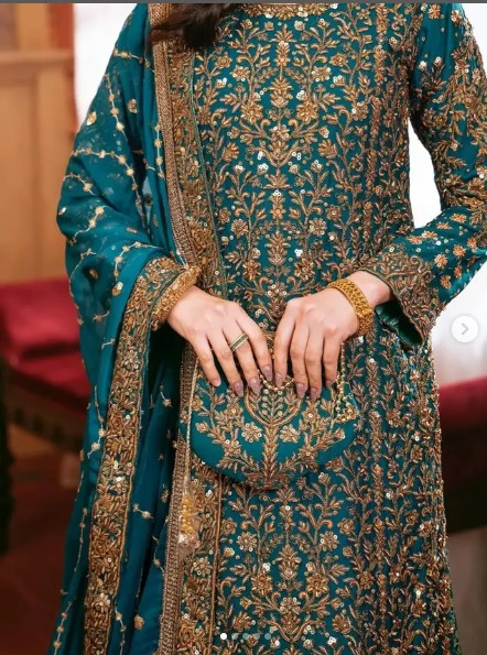 Designer Bridal Sharara Set in Teal Blue | Zari & Sequin Embroidery | Kshkin Creation LLP - DN-1040