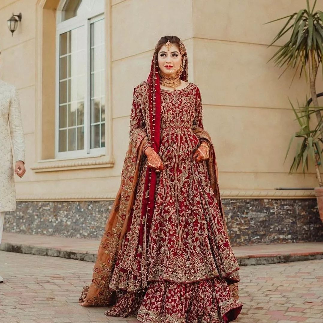 Red Designer Pakistani Wedding long Anarkali with Lehenga and Embellishment - DN-1384