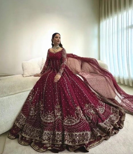 Maroon Pakistani Bridal Lehenga with Heavy Zardosi Handwork | Royal Wedding Reception Maxi Dress DN - 3012