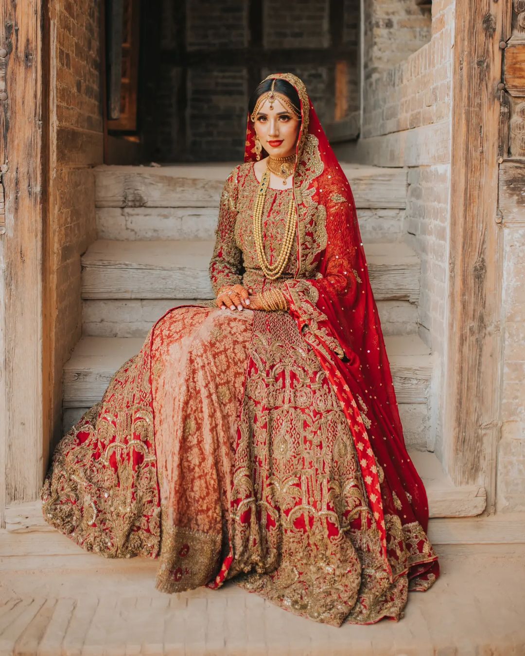 Designer Red and Golden Pakistani Bridal Split Long Anarkali with Lehenga - DN-1554