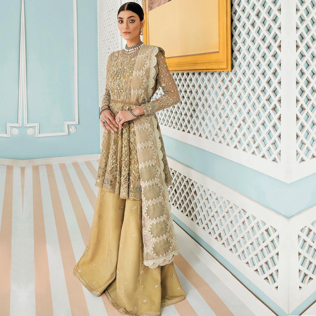 Golden Designer Partywear Embroidered Peplum with sharara Bespoke - DN-1207