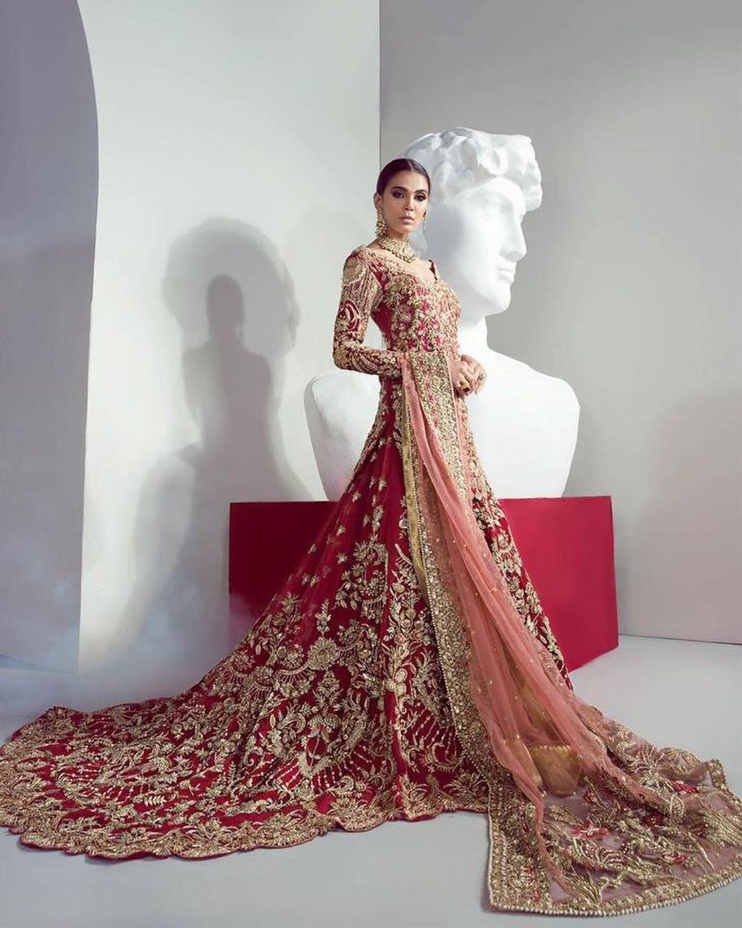 RED LONG TRAIL WEDDING LEHENGA WITH GOLDEN EMBROIDERED KAMEEZ - DN-1897