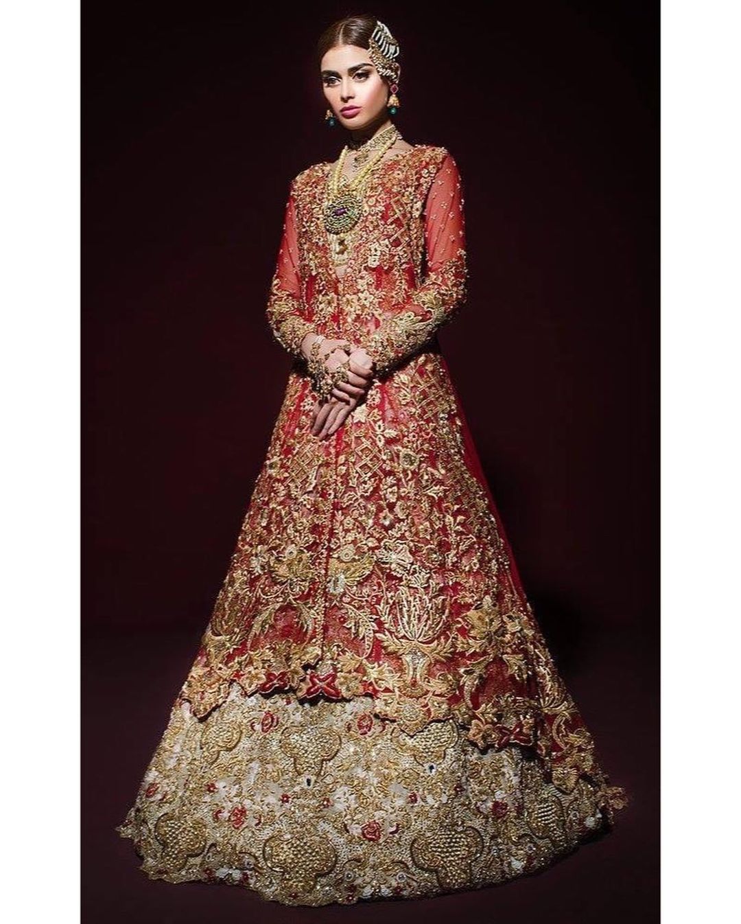 RED WEDDING LONG ANARKALI WITH GOLDEN EMBROIDERY LEHENGA - DN-1894