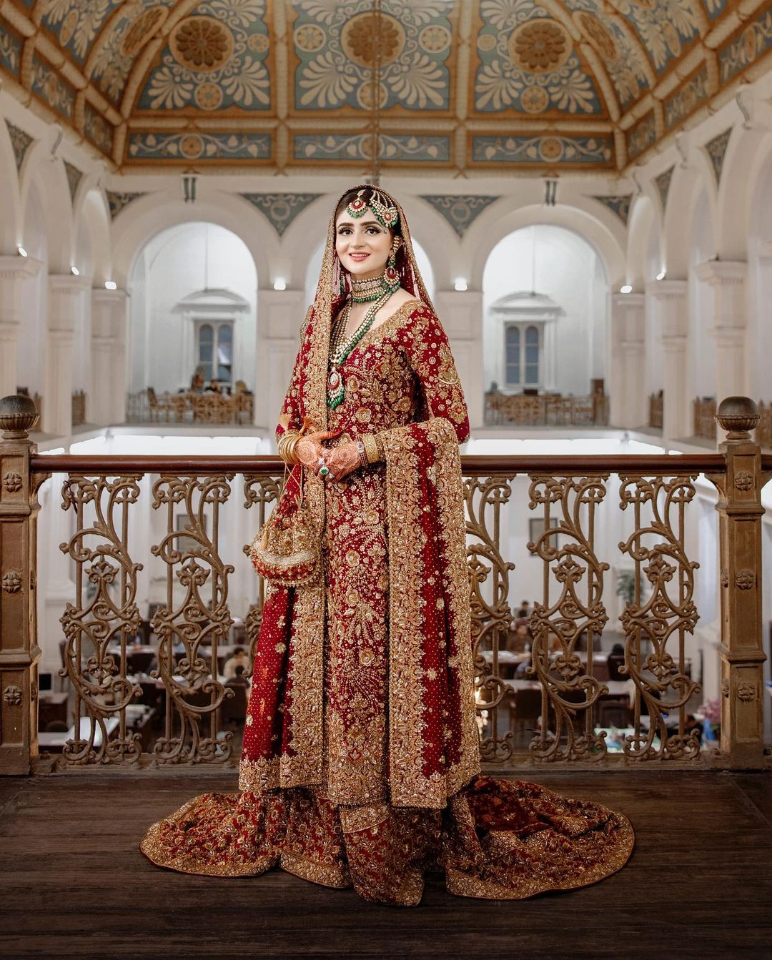 Red Embroidered Pakistani Wedding Kurti with Long Trail Lehenga - DN-1614
