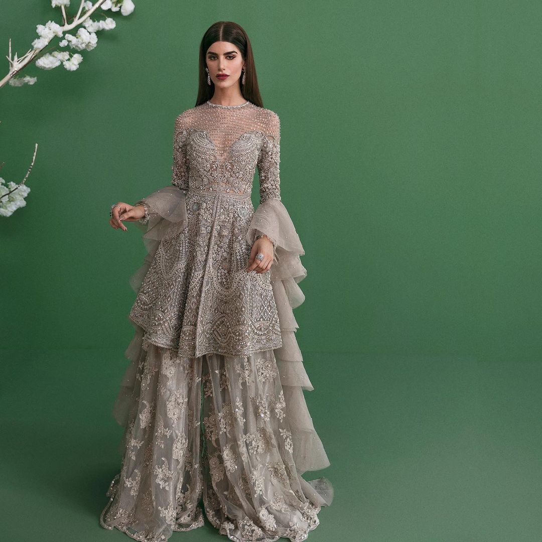 Ivory Designer Partywear Embroidered Peplum with Sharara Bespoke - DN-1209
