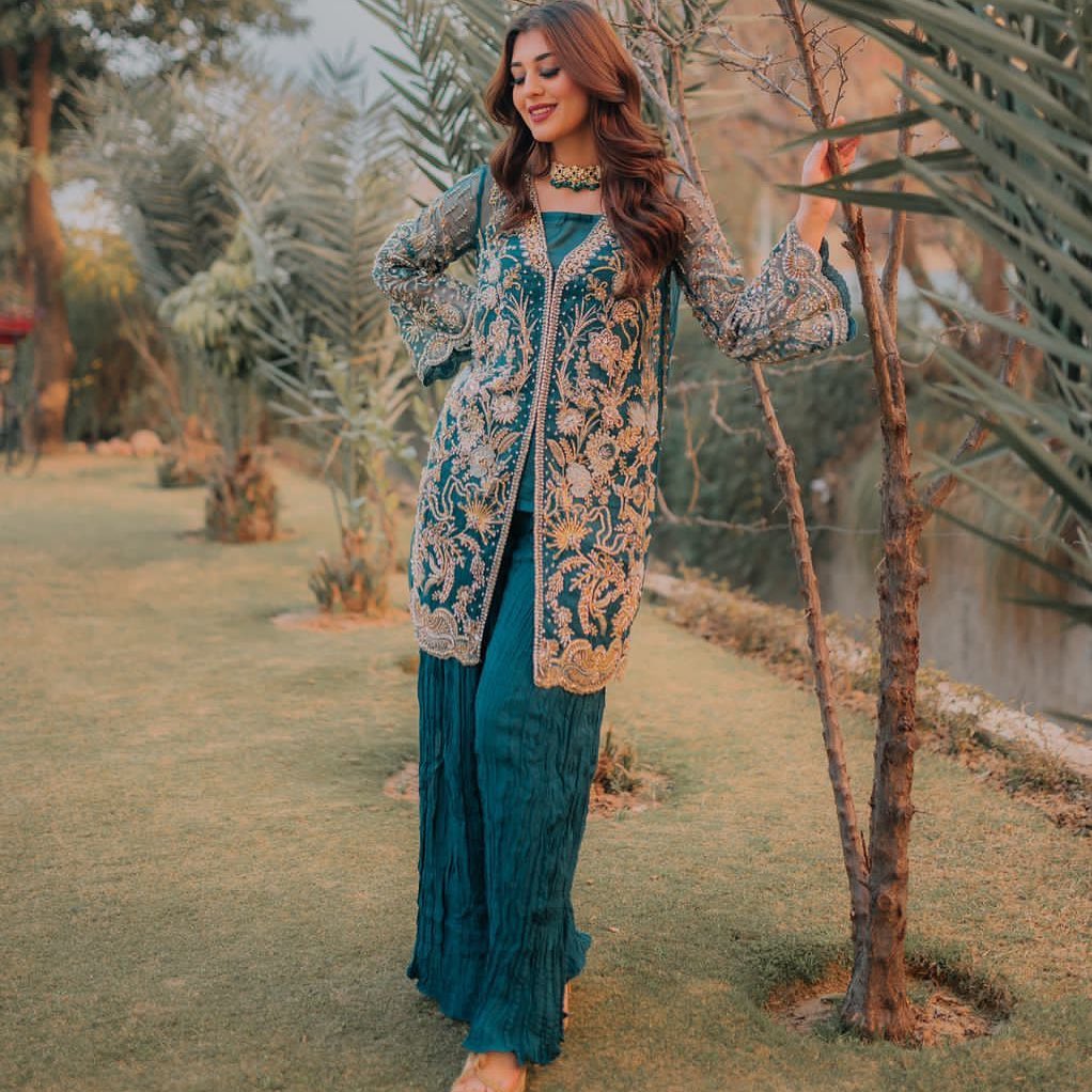 Designer Blue Partywear Embroidered Jacket with Sharara Bespoke - DN-1204