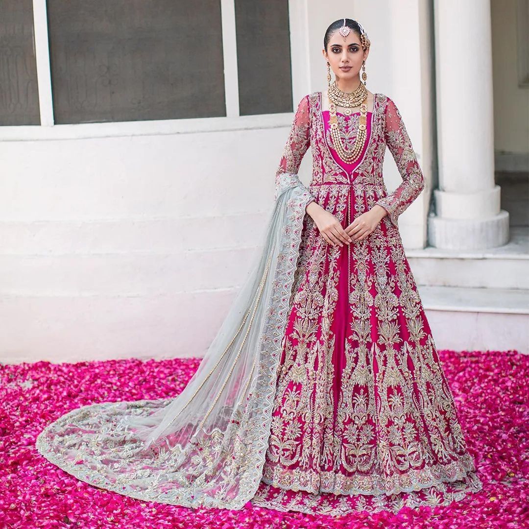 Pink Designer Pakistani Wedding and Reception long split Jacket with lehenga and Embroidery Bespoke - DN-1156
