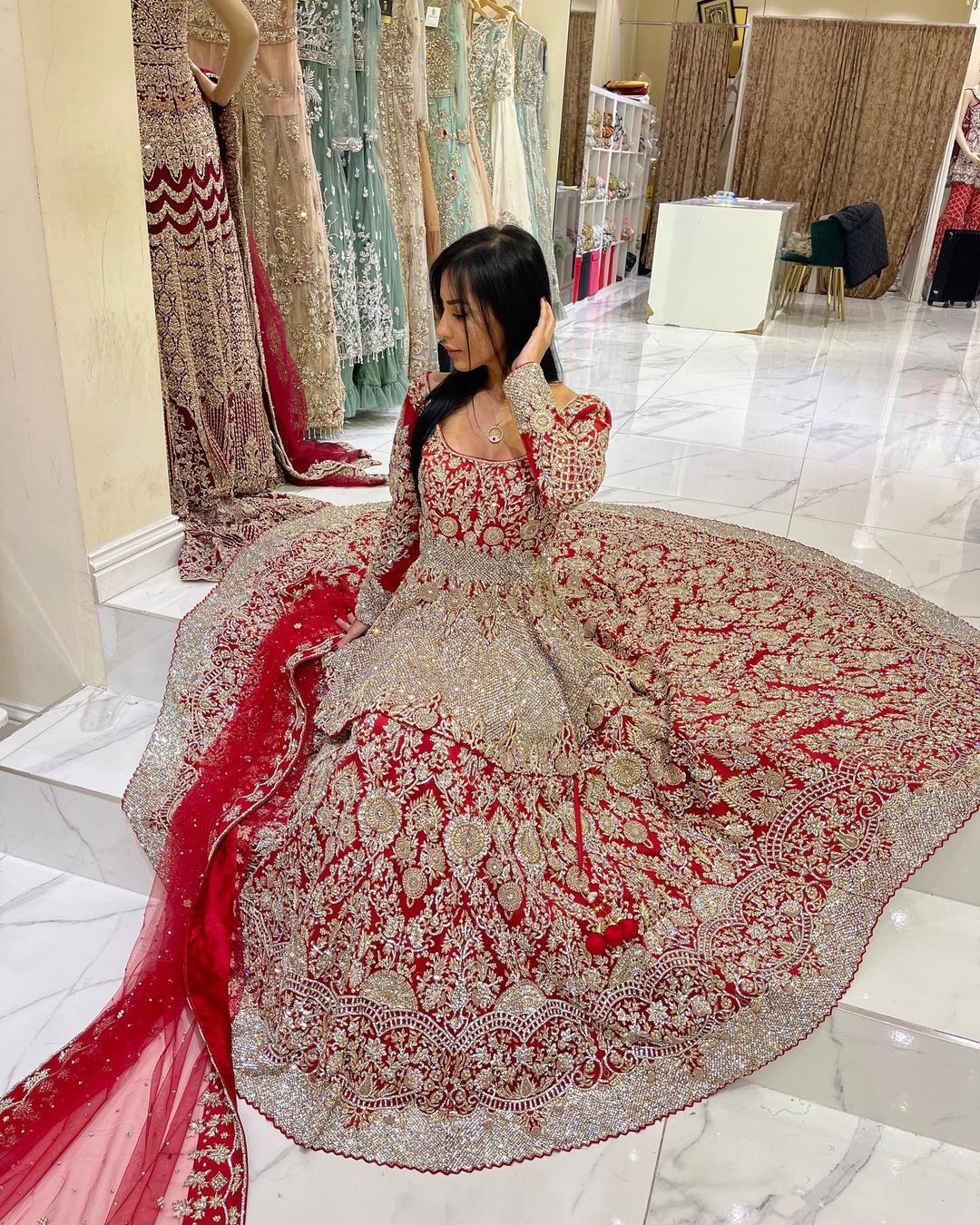 Wedding Red Embroidered Peplum with Long Trial Lehenga - DN-1638