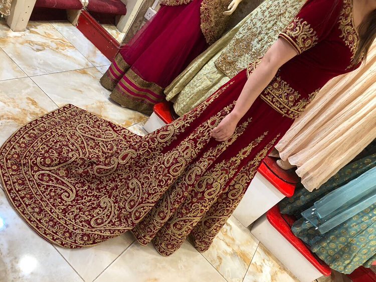 Indian Bridal Maroon Designer Long Trail Lehenga with Embroidered Top - DN-1603
