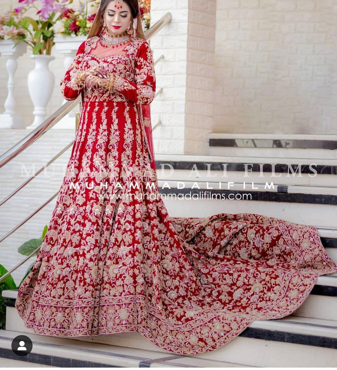 Pakistani Red Designer Wedding Long Trail Gown with Hand Embellishment - DN-1604