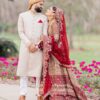 Wedding Red Long Peplum Top with Golden Lehenga with Golden Embroidery - DN-1962