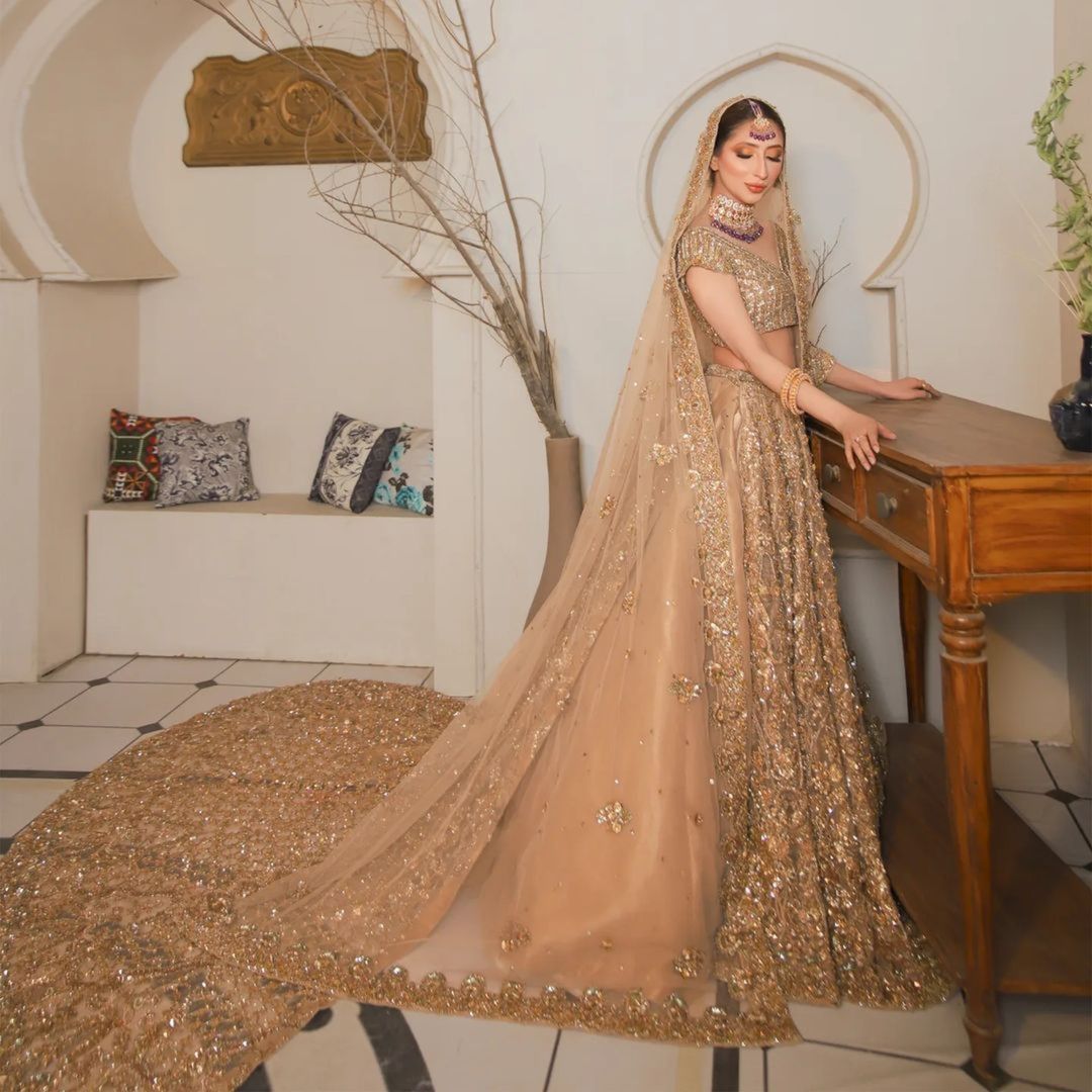 Golden Designer Indian Bridal long Trail lehenga with Golden Embroidery Bespoke - DN-1157