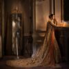 Traditional Golden Wedding Long Trail Gown with Golden Embroidery - DN-1636