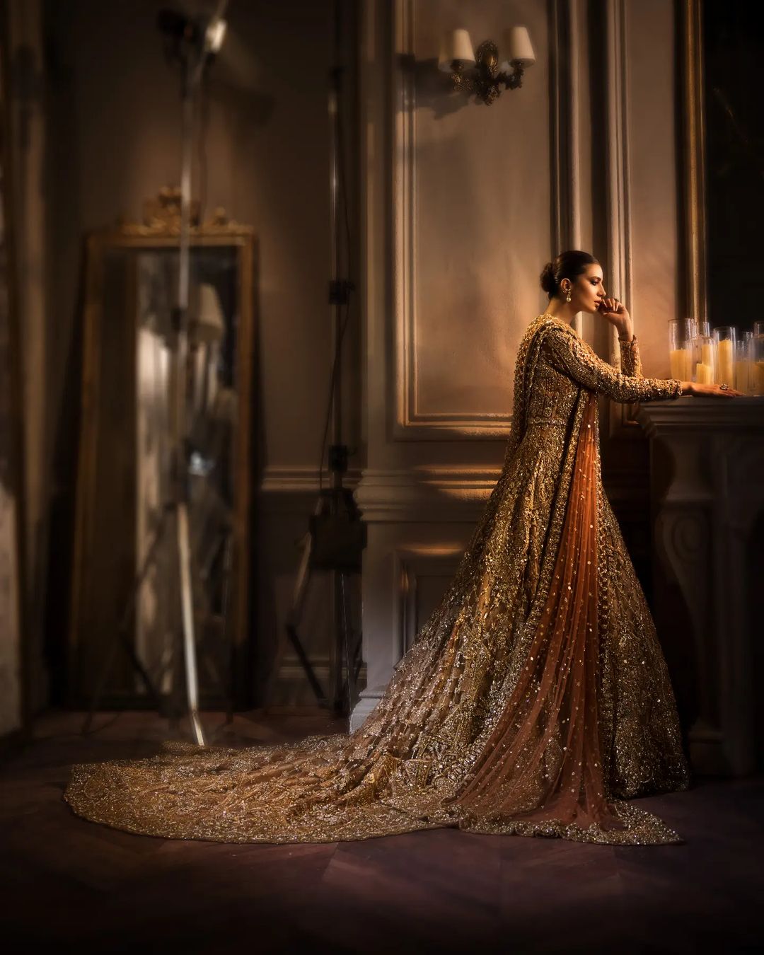 Traditional Golden Wedding Long Trail Gown with Golden Embroidery - DN-1636