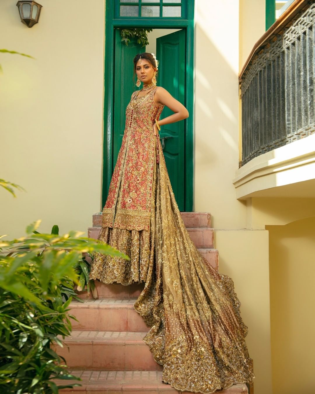 Wedding Red Split Long Kameez With Long Trail Lehenga and Embellishment - DN-1959