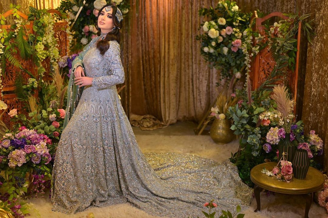 Designer Pakistani Waleema Long Trail Gown with Embroidery - DN-1516