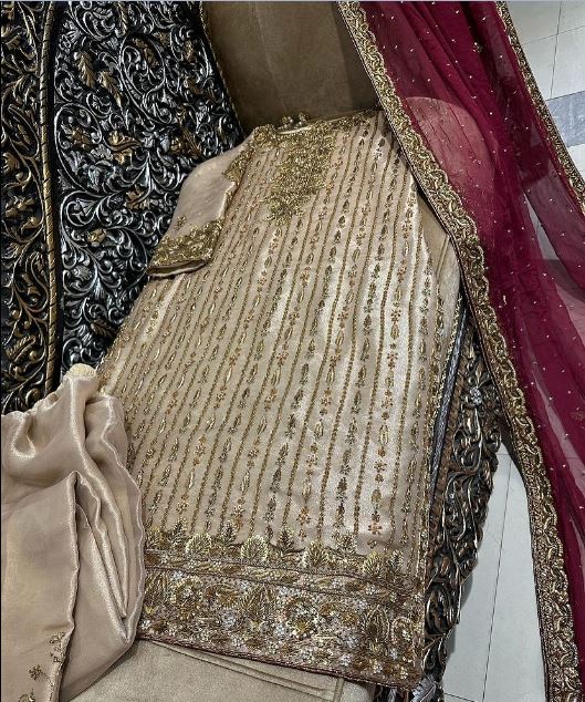 Pakistani Golden straight suit handmade Designer look - DN-1062