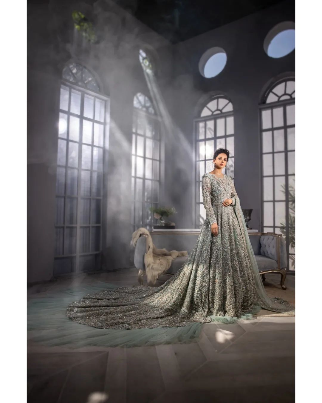 Classy Pakistani Wedding and Walima Designer Frill long Trail and Veil Gown with Embroidery and pearls work Bespoke - DN-1160