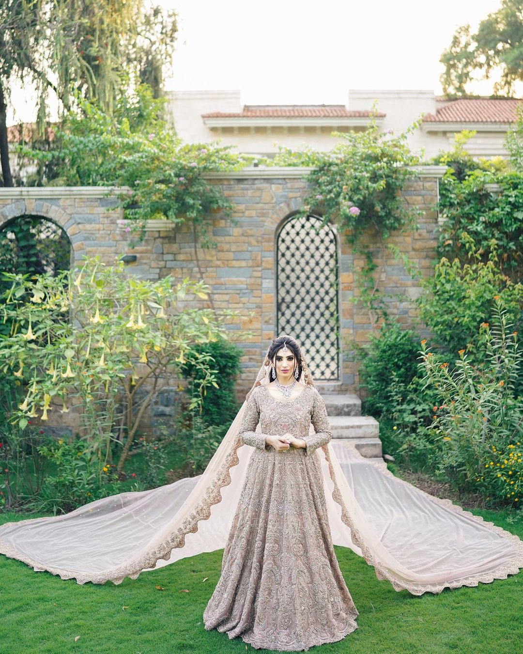 Pakistani Wedding Gown with Embroidered Long Veil - DN-1631