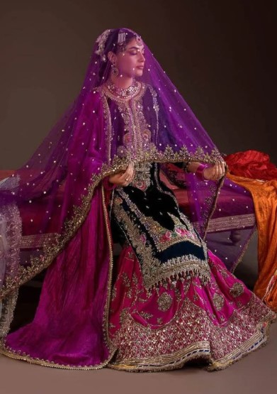 “Royal Fuchsia & Purple Heirloom Bridal Lehenga Furshy garara - DN-1031