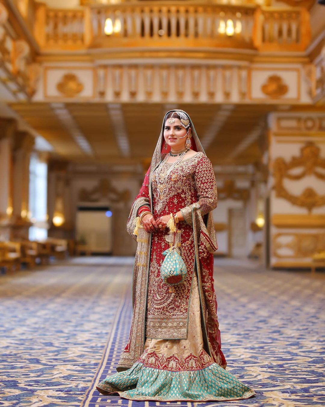 Pakistani Red and Golden Bridal Embroidered kurti with Sharara - DN-1629