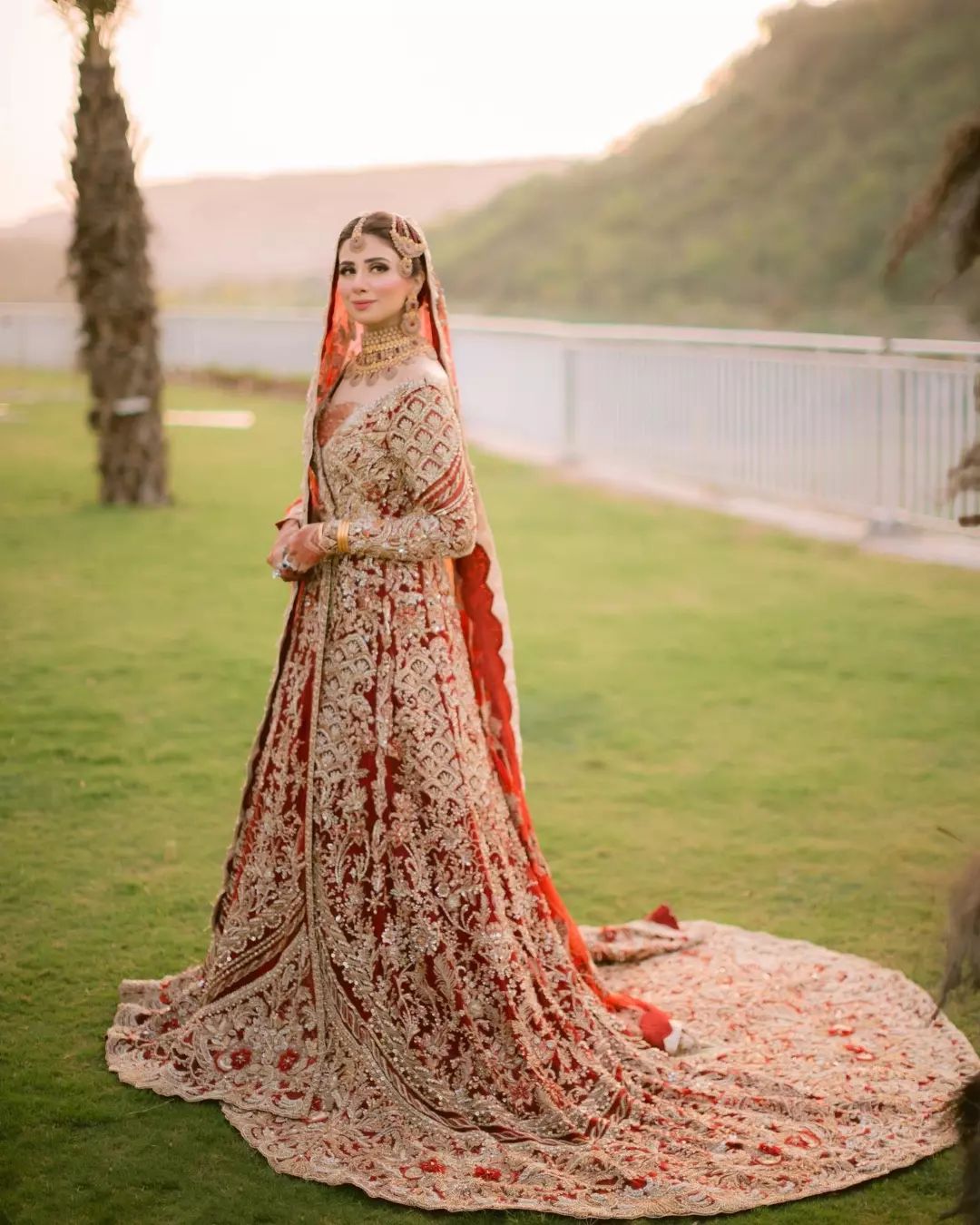 Designer Red and Golden Wedding long trail Gown with Embroidery - DN-1595
