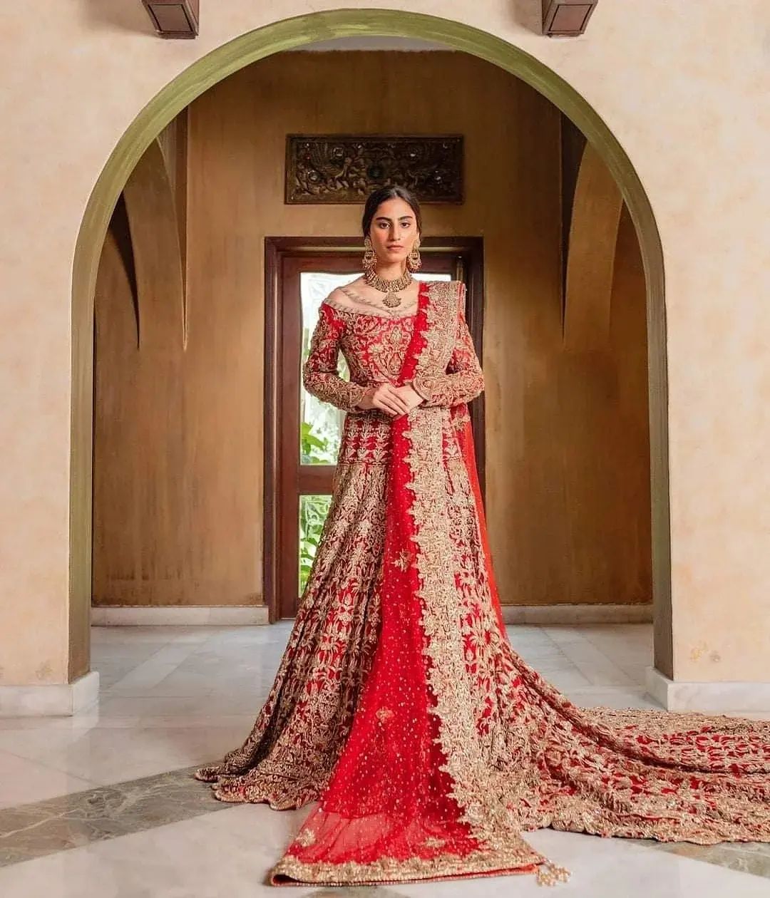 Wedding Red Embroidered Long Trail Bridal Gown with Hand Work - DN-1954
