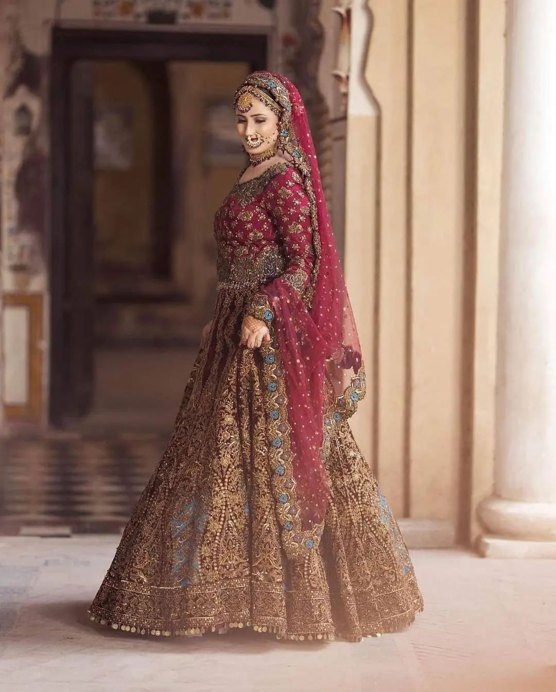 Wedding Maroon Velvet Bridal Lehenga with Golden Embroidery - DN-1957
