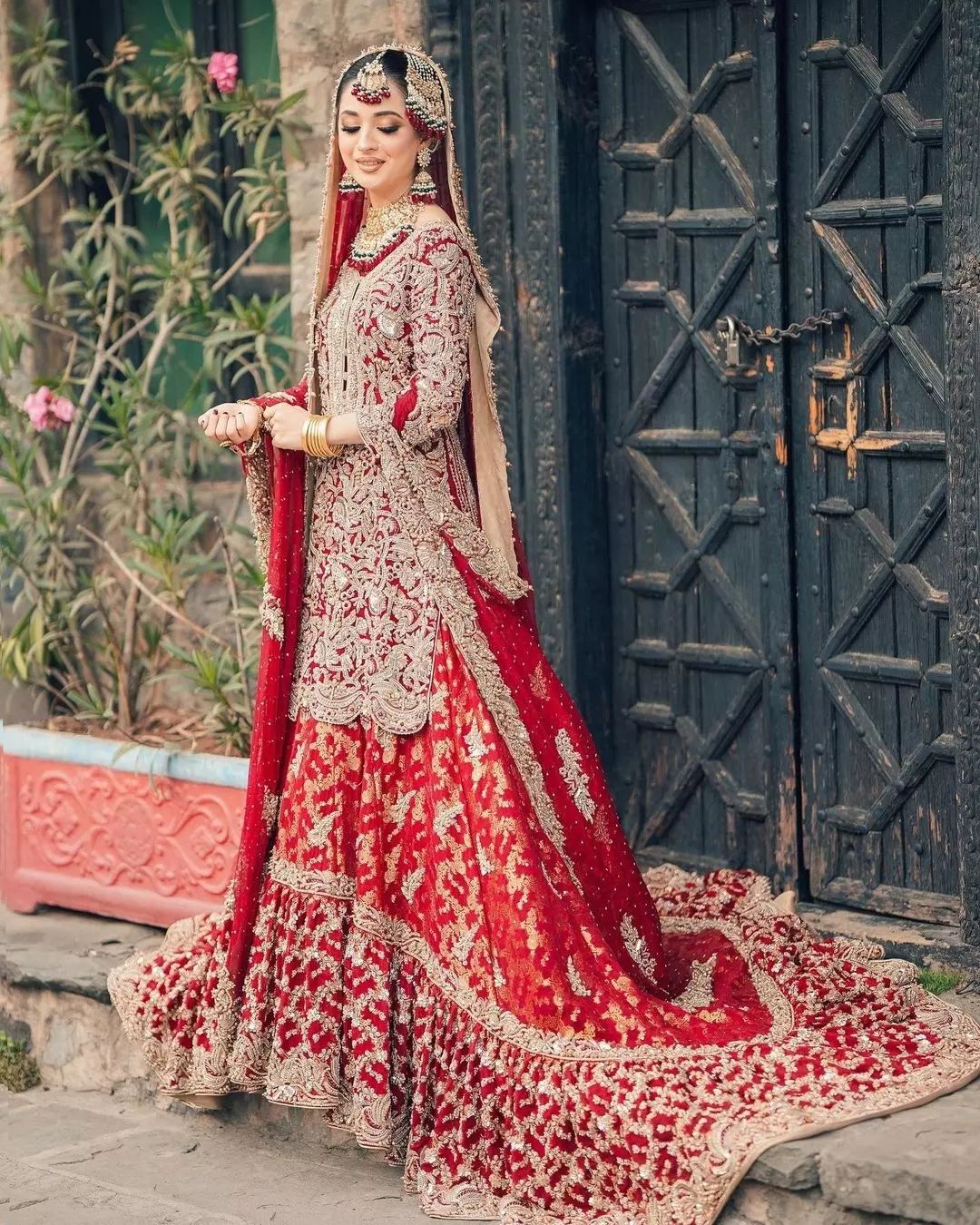 Designer Pakistani Bridal Farshi Long Trail Lehenga with Embroidered Kurti - DN-1594