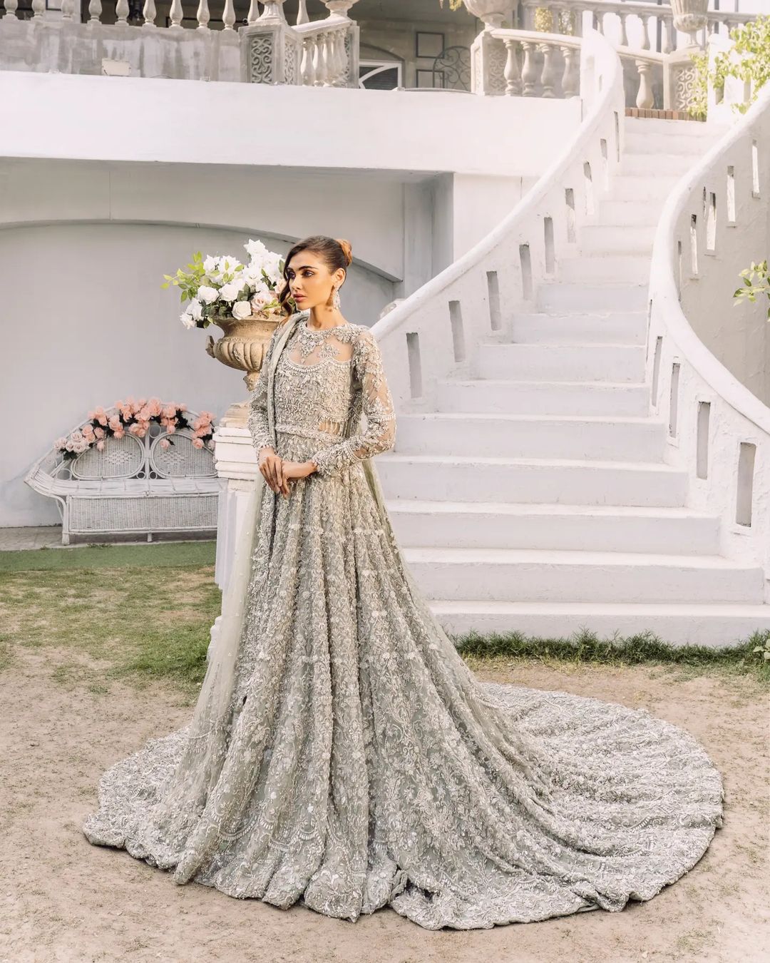 WEDDING IVORY LONG TRAIL BRIDAL GOWN WITH SILVER EMBROIDERY - DN-1951