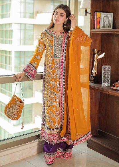 Regal Mustard Embroidered Pakistani Ensemble with Contrasting Accents - DN-1044