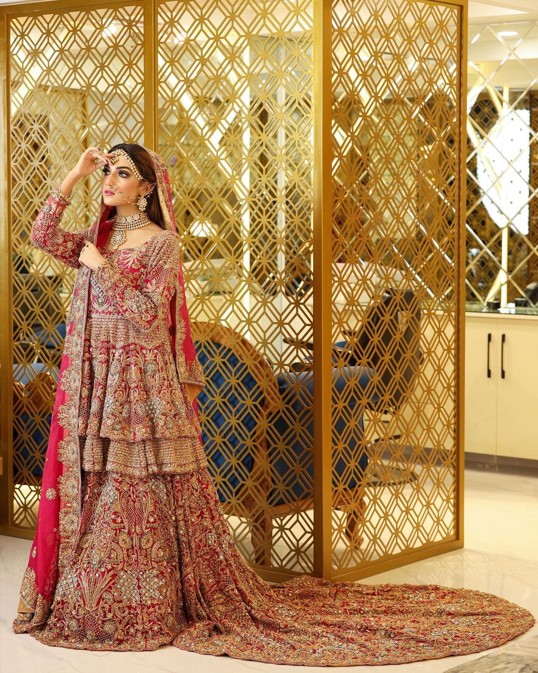 Pakistani Red Bridal Embroidered Peplum with Long Trail Lehenga - DN-1590