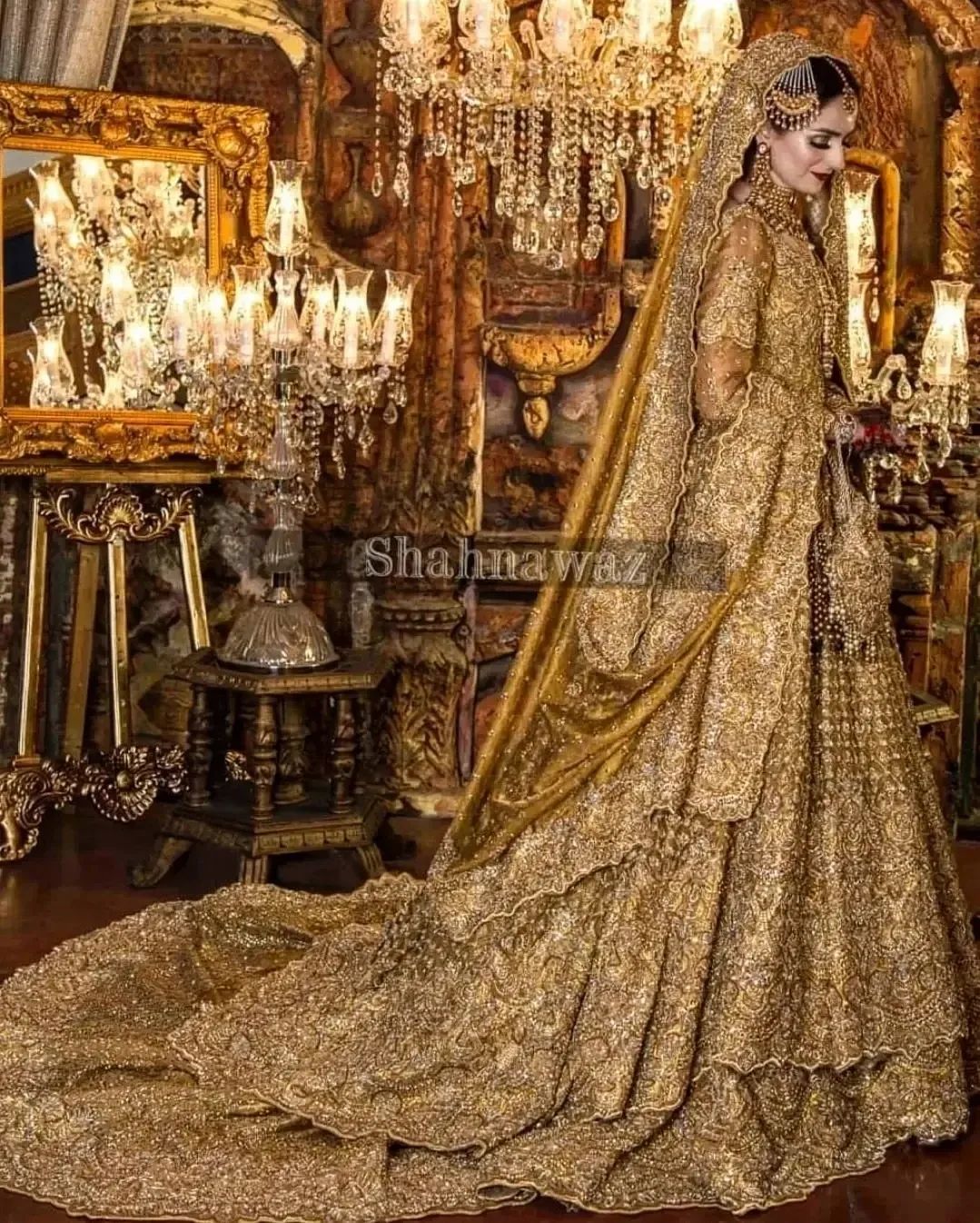 Golden Designer Bridal Long Trail Lehenga with Embroidered Split Anarkali - DN-1587