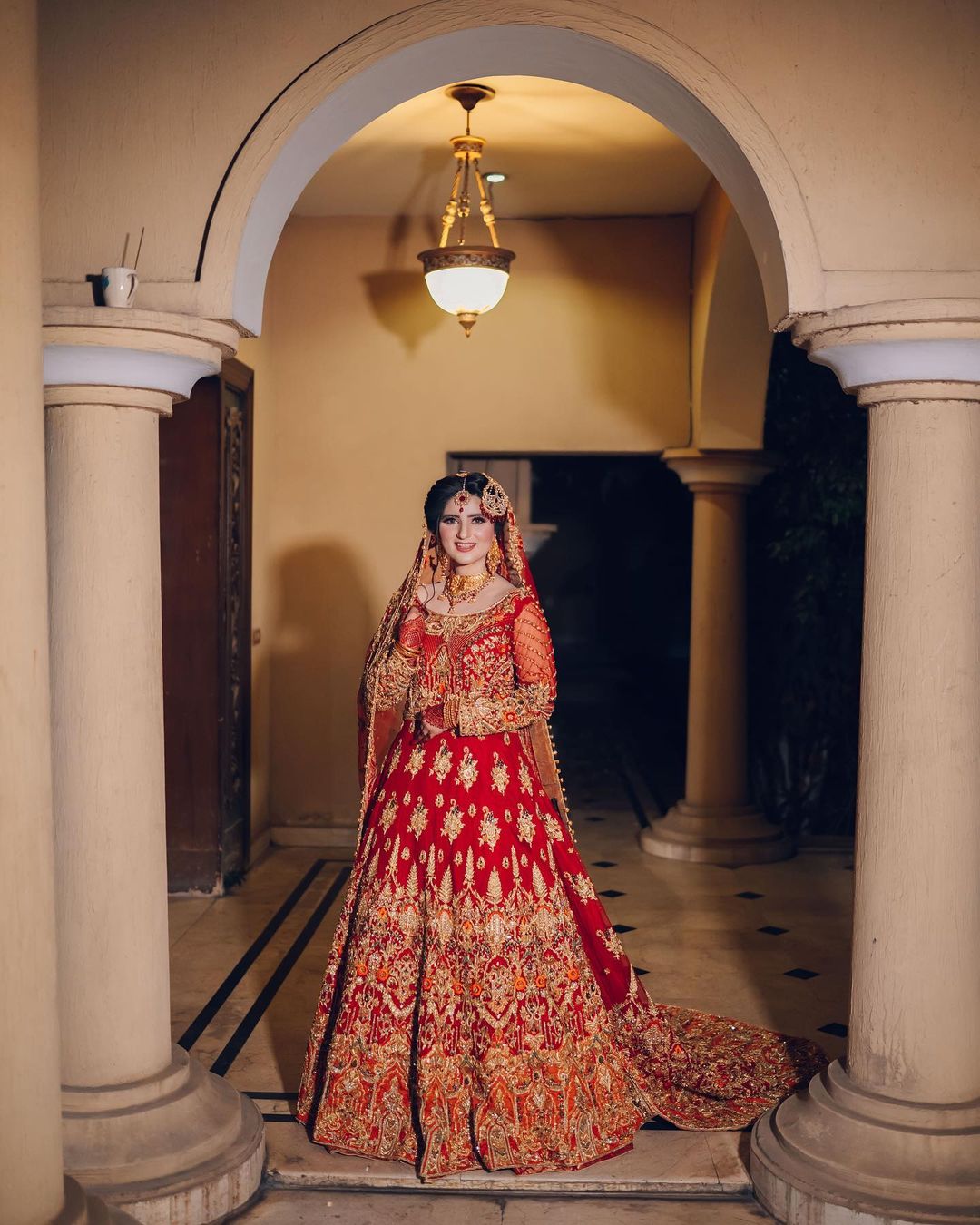 Red and Golden Designer Pakistani Bridal Long Trail Gown with Embroidery - DN-1585