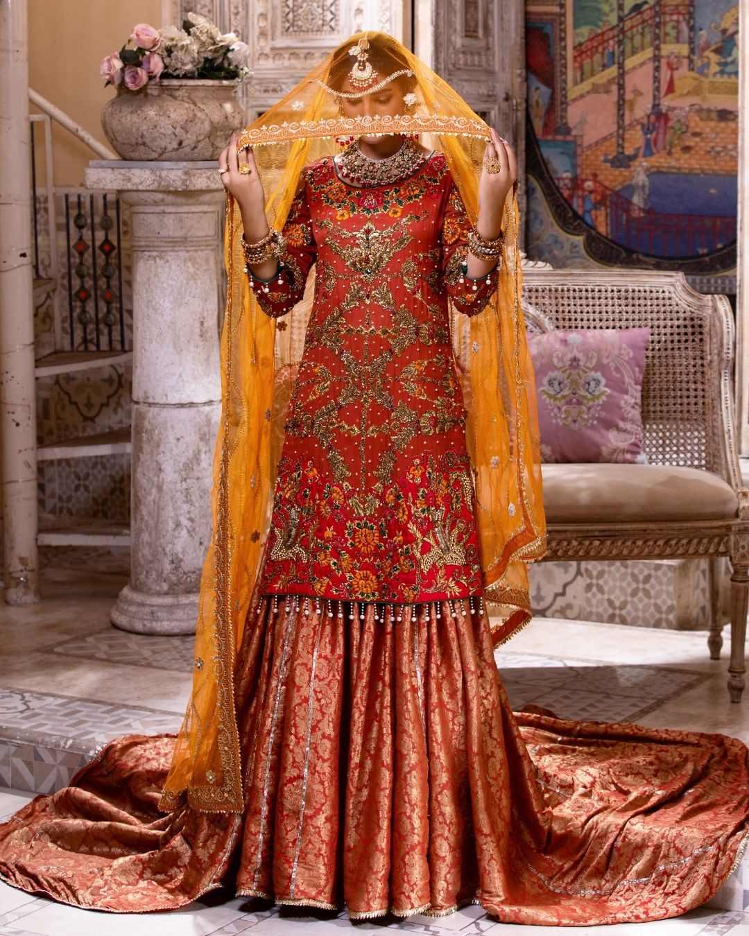 Pakistani Bridal long Trail Lehenga with Embroidered Kurti Collection - DN-1581