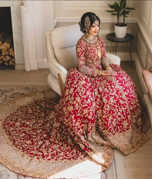 Royal Pakistani Bridal Trail Dress Hand Embroidered Long Trail - DN-1029