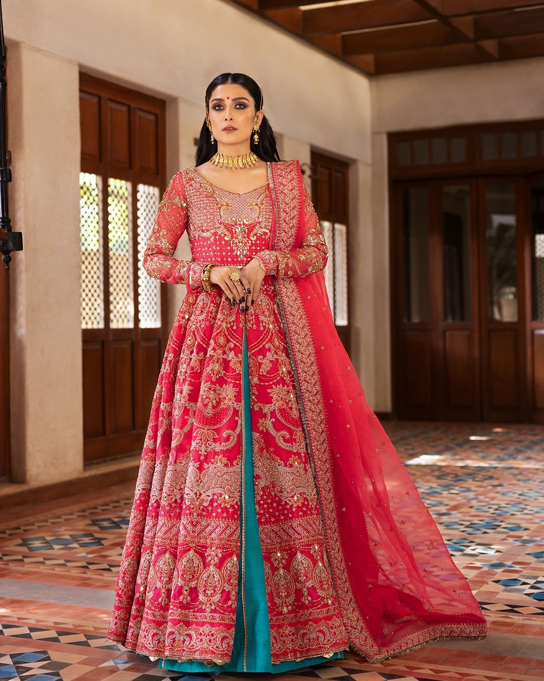 Designer Pink Wedding Split Anarkali with Blue Lehenga and Embellishment - DN-1474