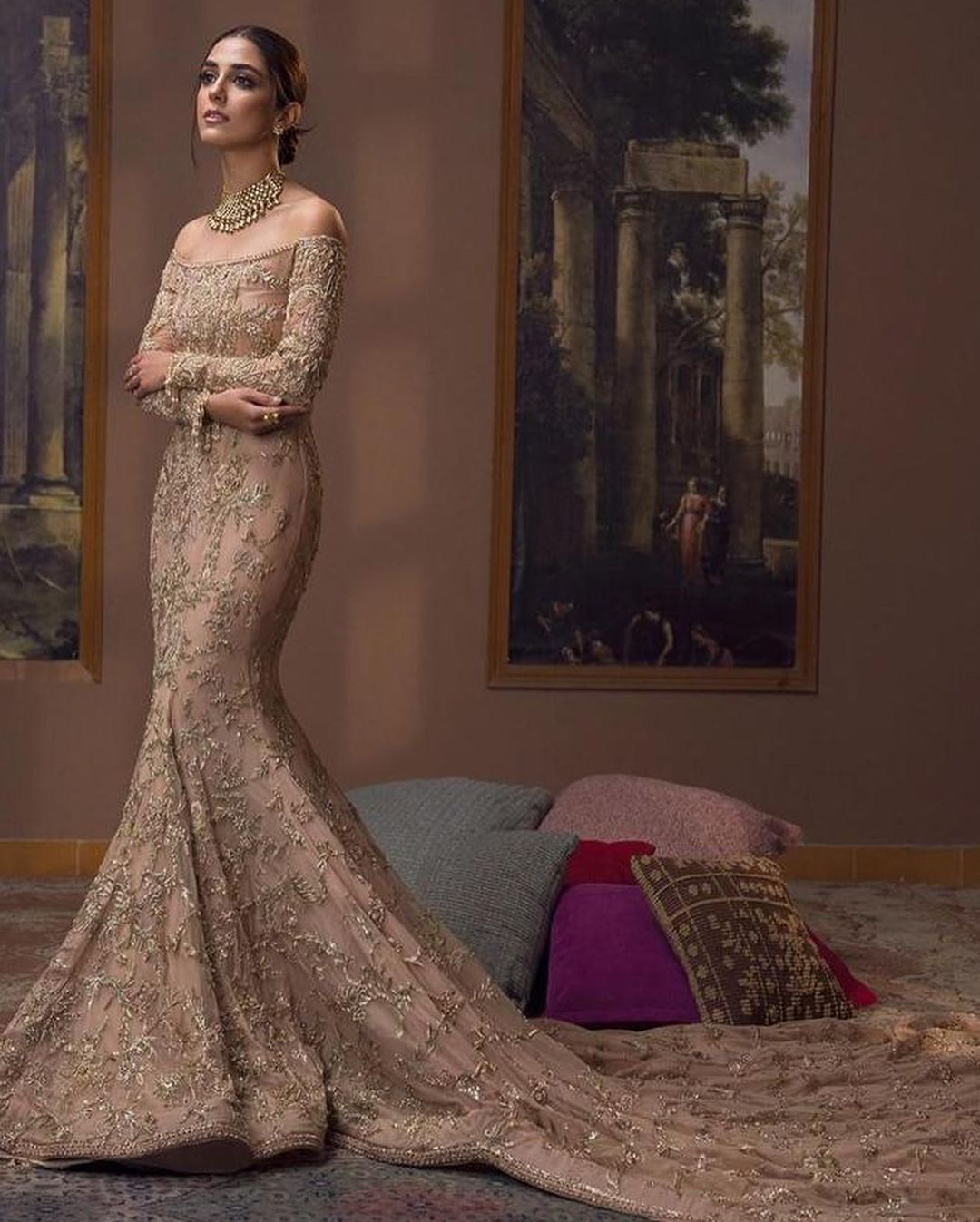 IVORY LONG TRAIL WEDDING GOWN WITH GOLDEN EMBROIDERY - DN-1891