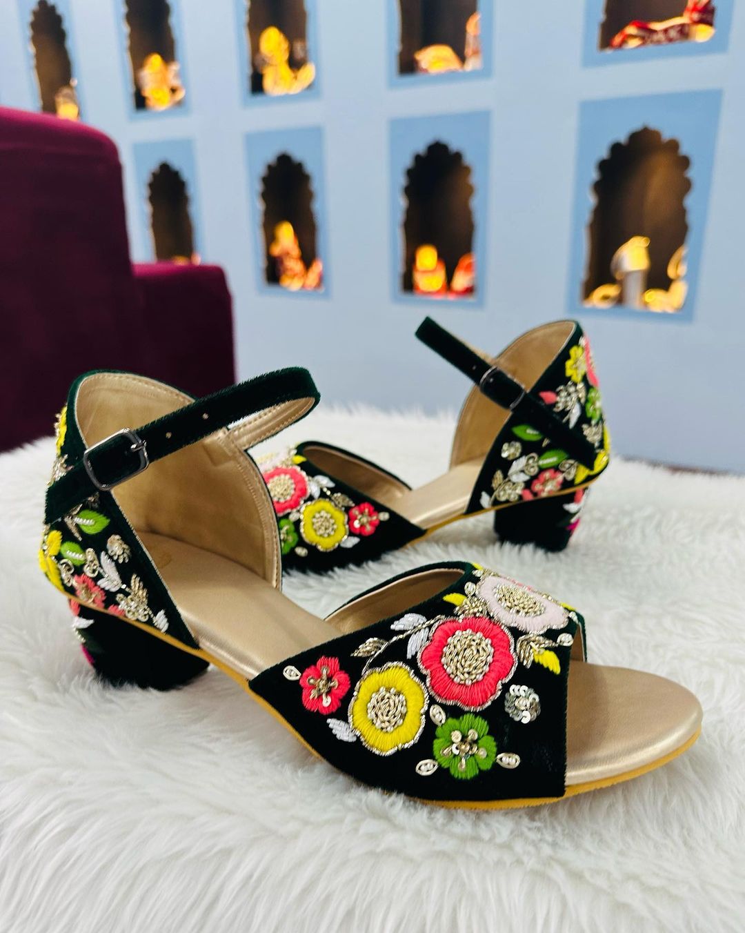 Designer Velvet Bridal Wedge and Heels with Embroidery Bespoke - DN-1196